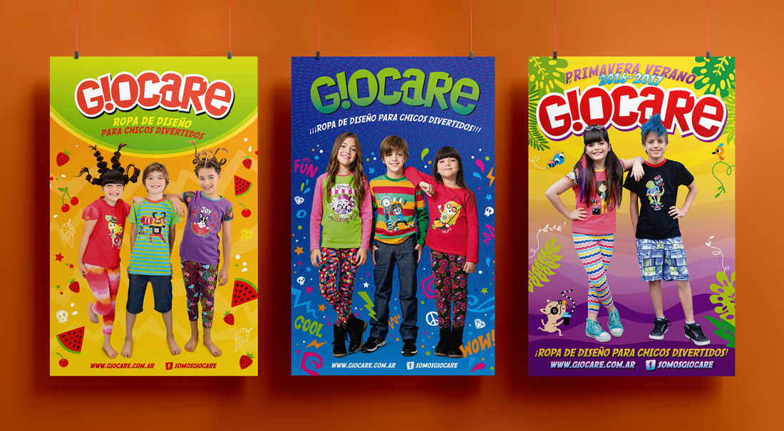 Diseño de afiches para Giocare Indumentaria Infantil.