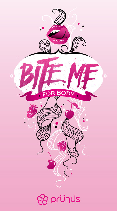 Diseño de etiqueta para fragancia Bite Me de Prünus.