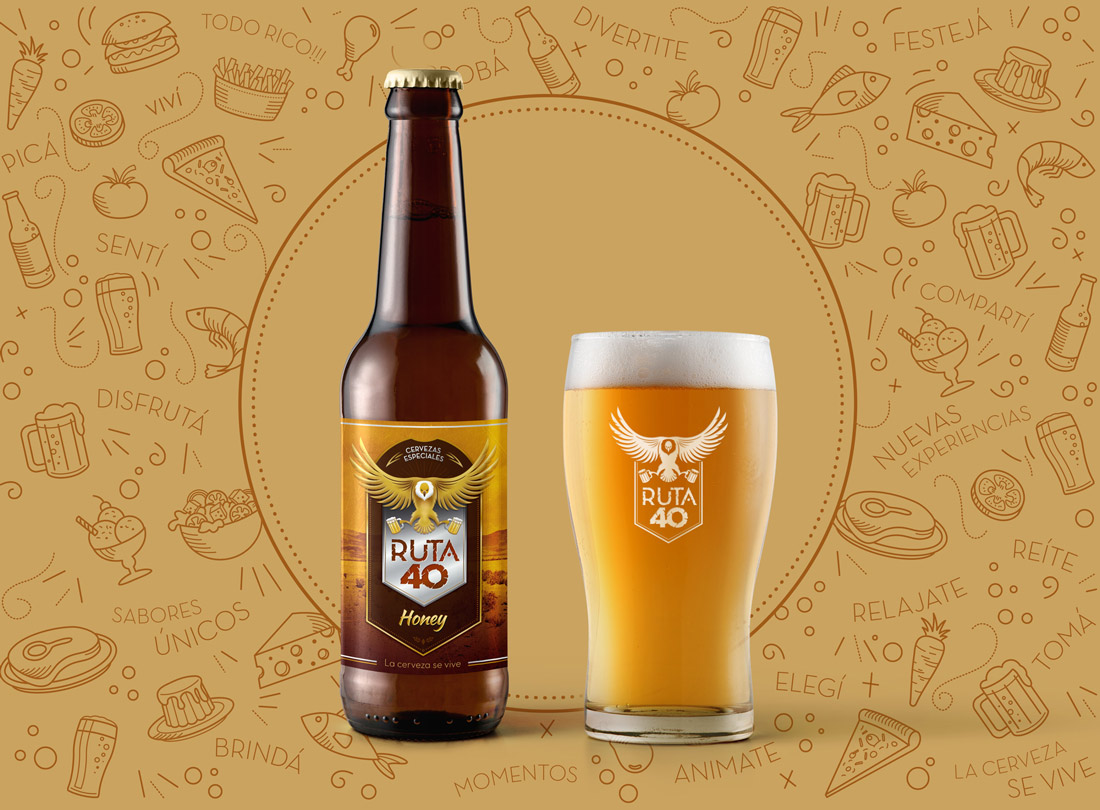 Diseño de etiqueta para botella y mantel de Cerveza Ruta 40.
