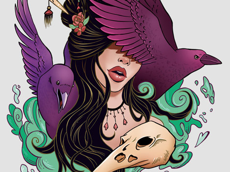 Ilustración de mujer y cuervos para estampa de remera.