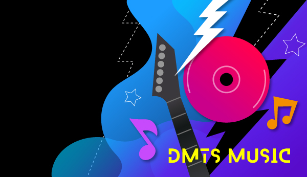 Notas musicales, guitarra y disco.